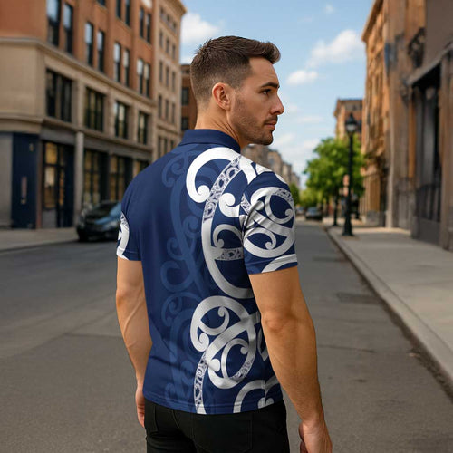 New Zealand Maori Mo Bros Zipper Polo Shirt Blue Ribbon With Koru Kowhaiwhai - Aussie Hoodie