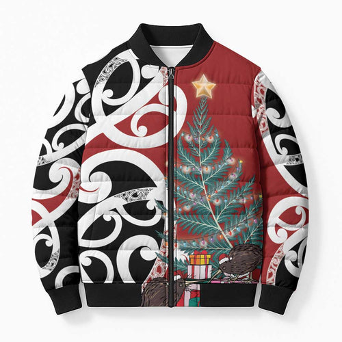 New Zealand Silver Fern Christmas Tree Bomber Puffer Jacket Meri Kirihimete - Aussie Hoodie