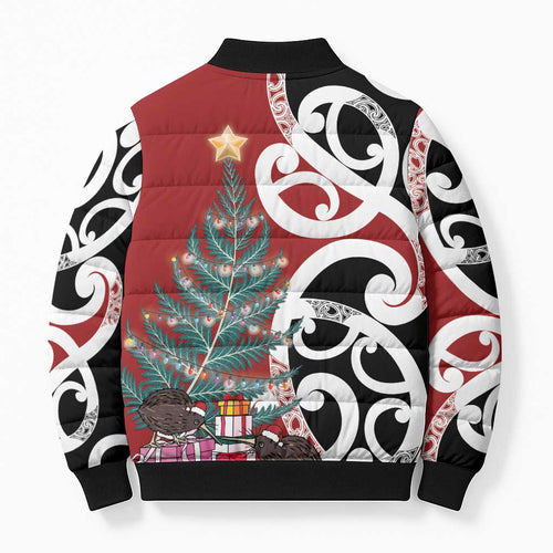 New Zealand Silver Fern Christmas Tree Bomber Puffer Jacket Meri Kirihimete - Aussie Hoodie