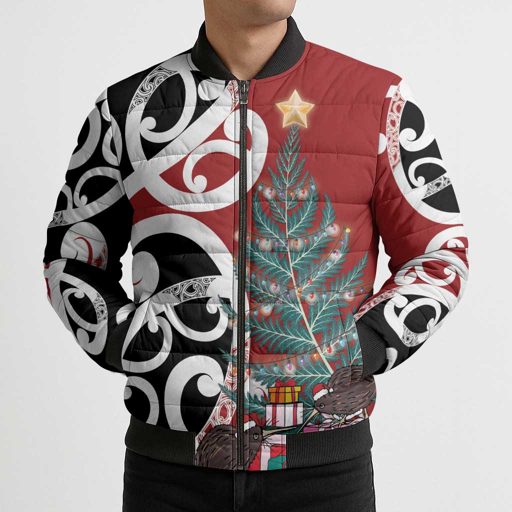 New Zealand Silver Fern Christmas Tree Bomber Puffer Jacket Meri Kirihimete - Aussie Hoodie