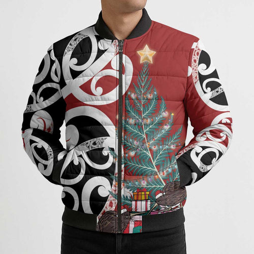 New Zealand Silver Fern Christmas Tree Bomber Puffer Jacket Meri Kirihimete - Aussie Hoodie