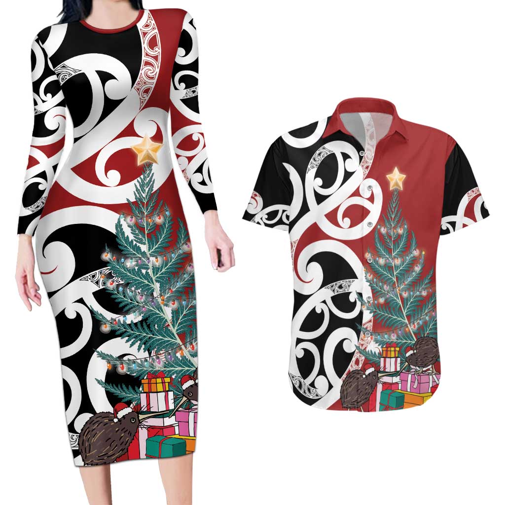 New Zealand Silver Fern Christmas Tree Couples Matching Long Sleeve Bodycon Dress and Hawaiian Shirt Meri Kirihimete - Aussie Hoodie