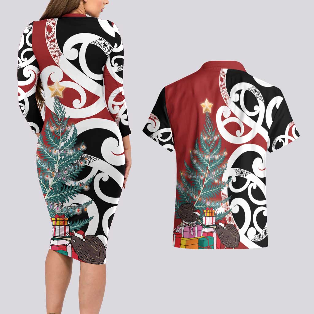 New Zealand Silver Fern Christmas Tree Couples Matching Long Sleeve Bodycon Dress and Hawaiian Shirt Meri Kirihimete - Aussie Hoodie