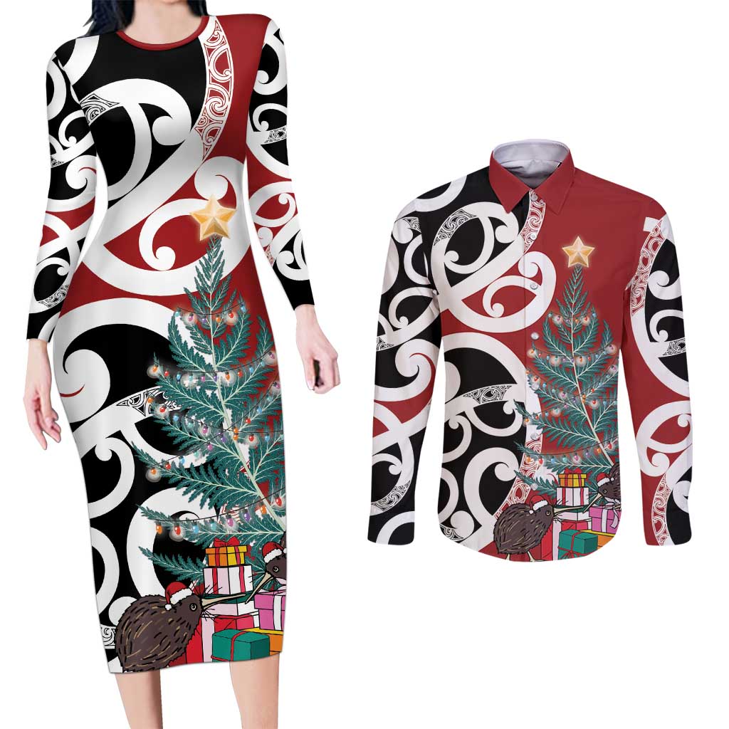 New Zealand Silver Fern Christmas Tree Couples Matching Long Sleeve Bodycon Dress and Long Sleeve Button Shirt Meri Kirihimete - Aussie Hoodie