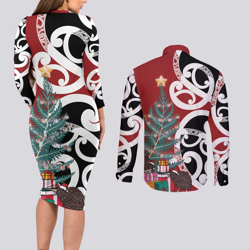 New Zealand Silver Fern Christmas Tree Couples Matching Long Sleeve Bodycon Dress and Long Sleeve Button Shirt Meri Kirihimete - Aussie Hoodie
