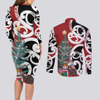 New Zealand Silver Fern Christmas Tree Couples Matching Long Sleeve Bodycon Dress and Long Sleeve Button Shirt Meri Kirihimete - Aussie Hoodie