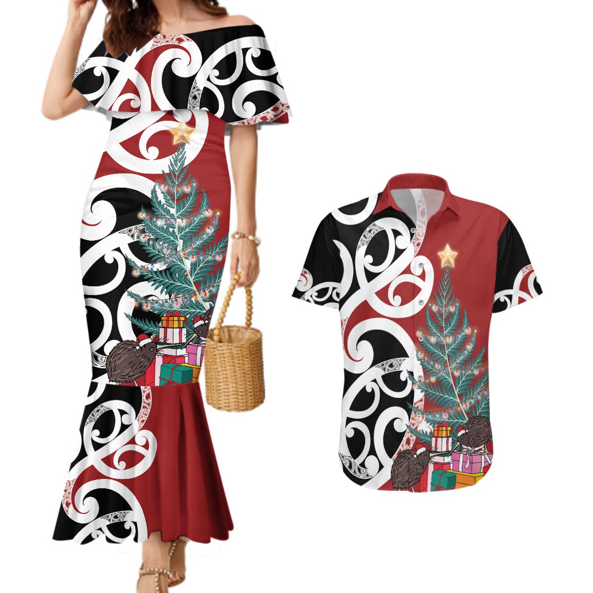 New Zealand Silver Fern Christmas Tree Couples Matching Mermaid Dress and Hawaiian Shirt Meri Kirihimete - Aussie Hoodie