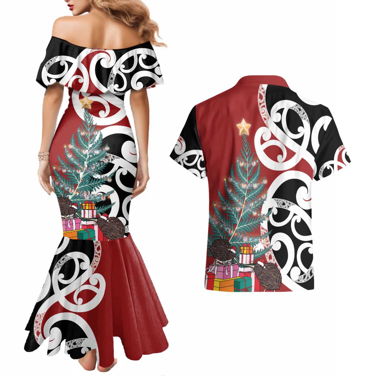 New Zealand Silver Fern Christmas Tree Couples Matching Mermaid Dress and Hawaiian Shirt Meri Kirihimete - Aussie Hoodie
