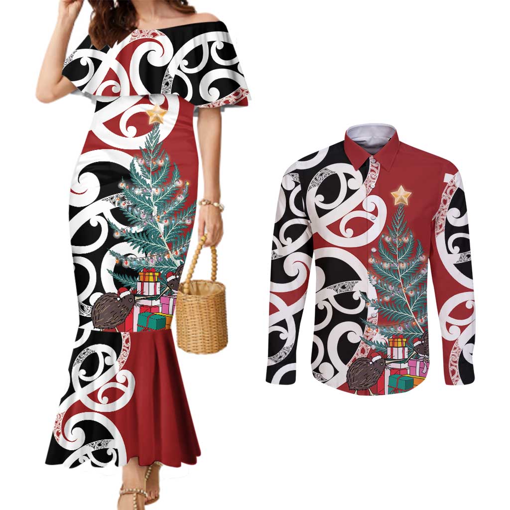 New Zealand Silver Fern Christmas Tree Couples Matching Mermaid Dress and Long Sleeve Button Shirt Meri Kirihimete - Aussie Hoodie