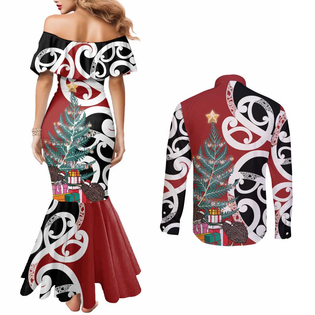 New Zealand Silver Fern Christmas Tree Couples Matching Mermaid Dress and Long Sleeve Button Shirt Meri Kirihimete - Aussie Hoodie