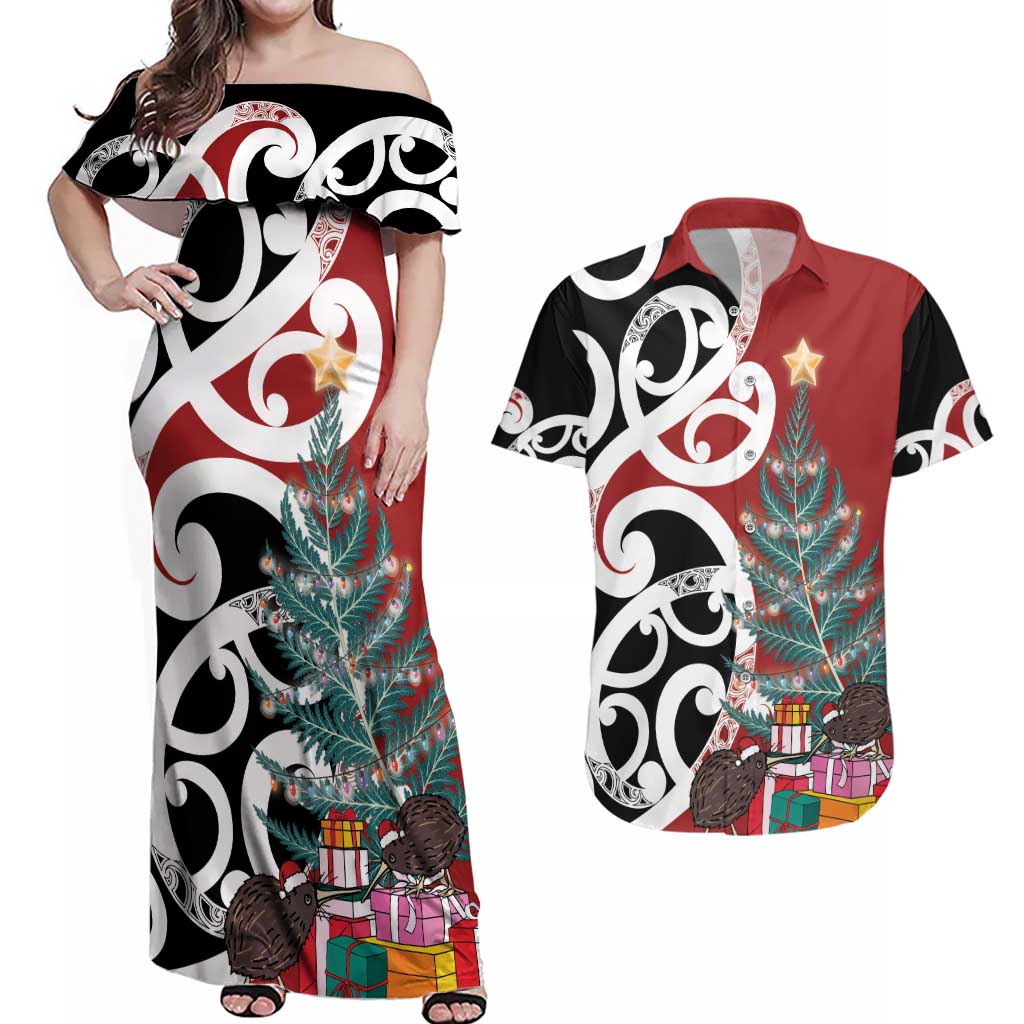 New Zealand Silver Fern Christmas Tree Couples Matching Off Shoulder Maxi Dress and Hawaiian Shirt Meri Kirihimete - Aussie Hoodie