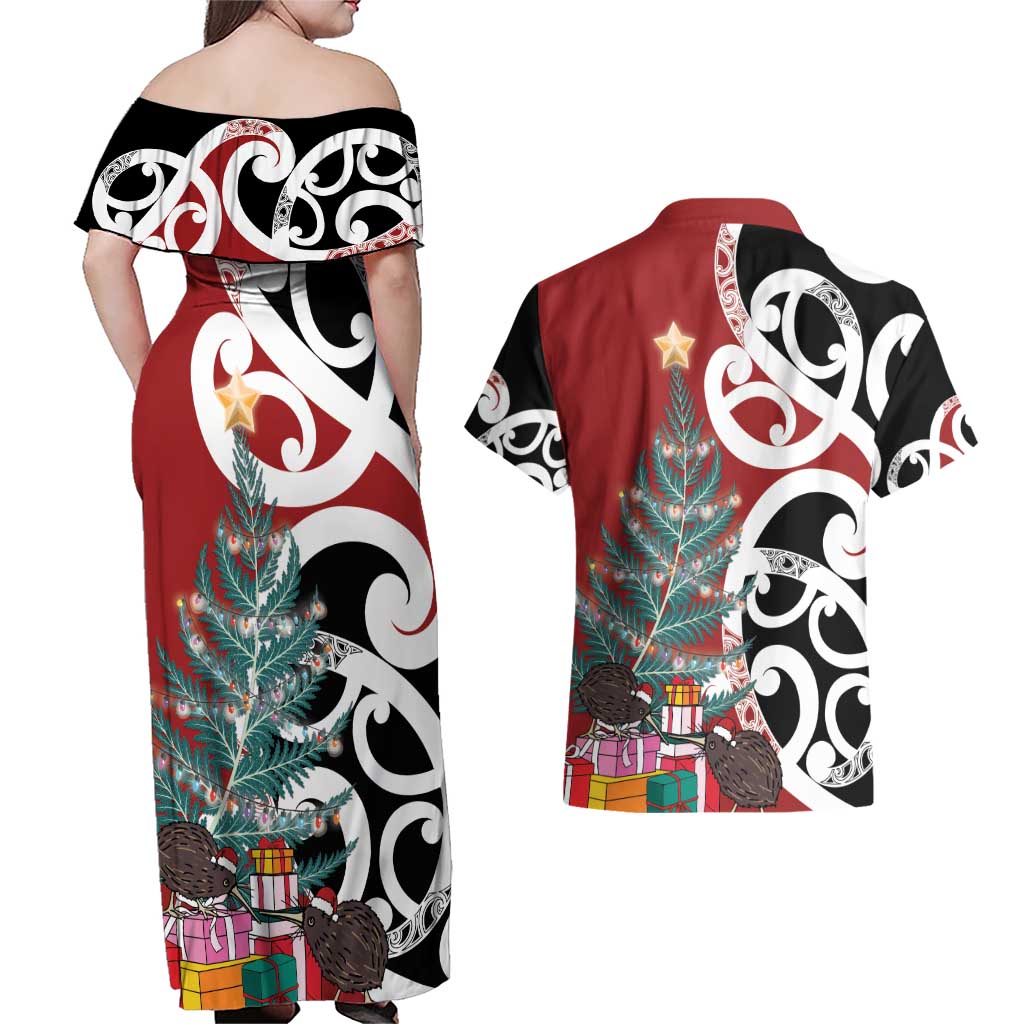 New Zealand Silver Fern Christmas Tree Couples Matching Off Shoulder Maxi Dress and Hawaiian Shirt Meri Kirihimete - Aussie Hoodie