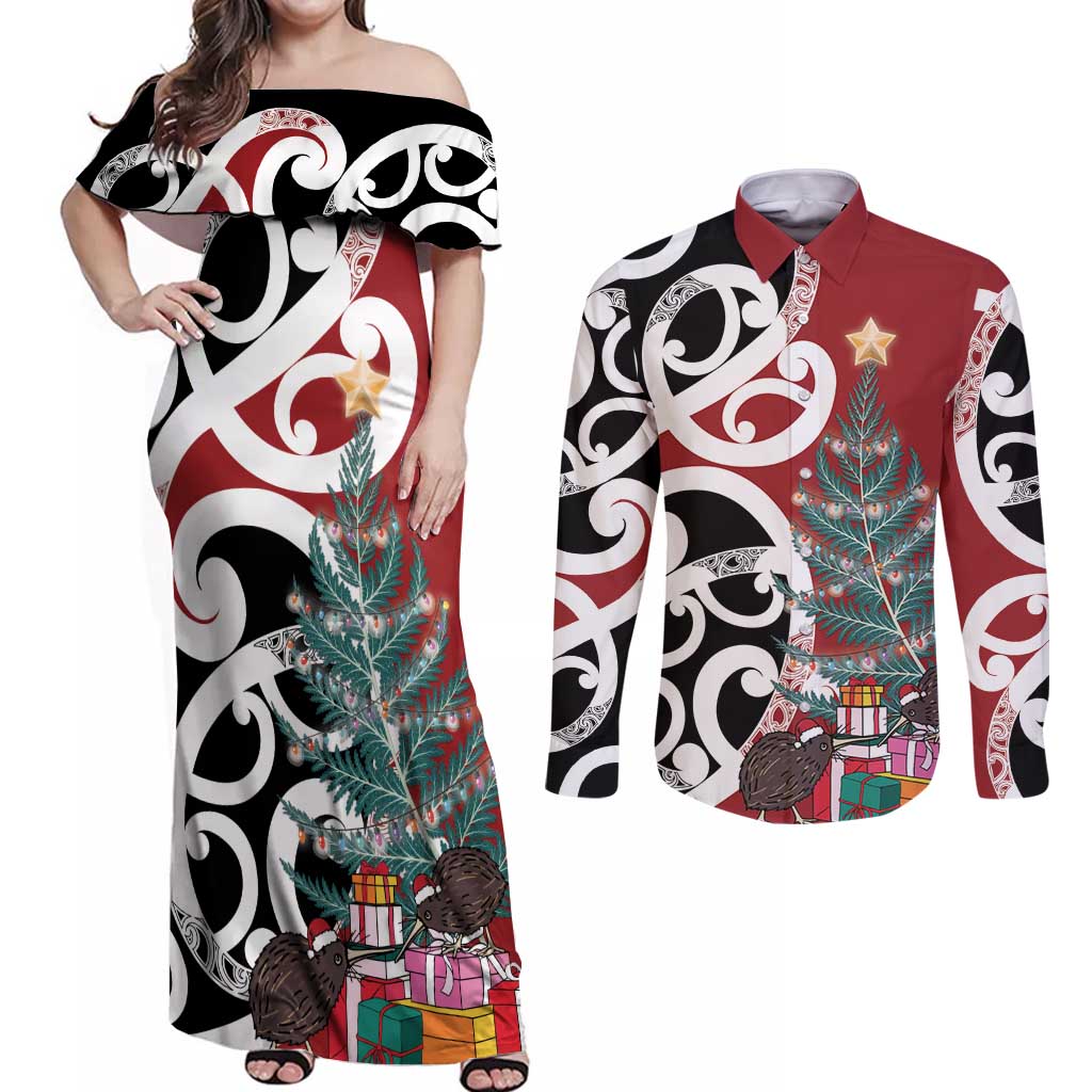 New Zealand Silver Fern Christmas Tree Couples Matching Off Shoulder Maxi Dress and Long Sleeve Button Shirt Meri Kirihimete - Aussie Hoodie