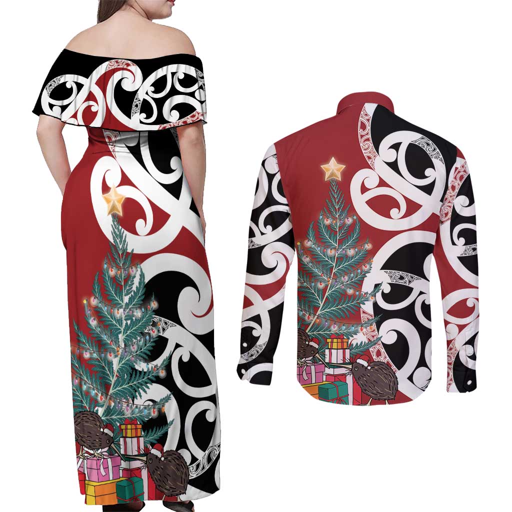New Zealand Silver Fern Christmas Tree Couples Matching Off Shoulder Maxi Dress and Long Sleeve Button Shirt Meri Kirihimete - Aussie Hoodie