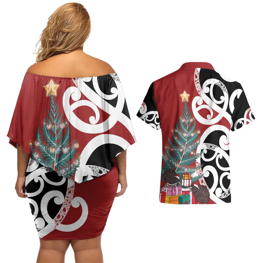 New Zealand Silver Fern Christmas Tree Couples Matching Off Shoulder Short Dress and Hawaiian Shirt Meri Kirihimete - Aussie Hoodie