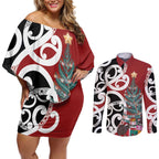 New Zealand Silver Fern Christmas Tree Couples Matching Off Shoulder Short Dress and Long Sleeve Button Shirt Meri Kirihimete - Aussie Hoodie
