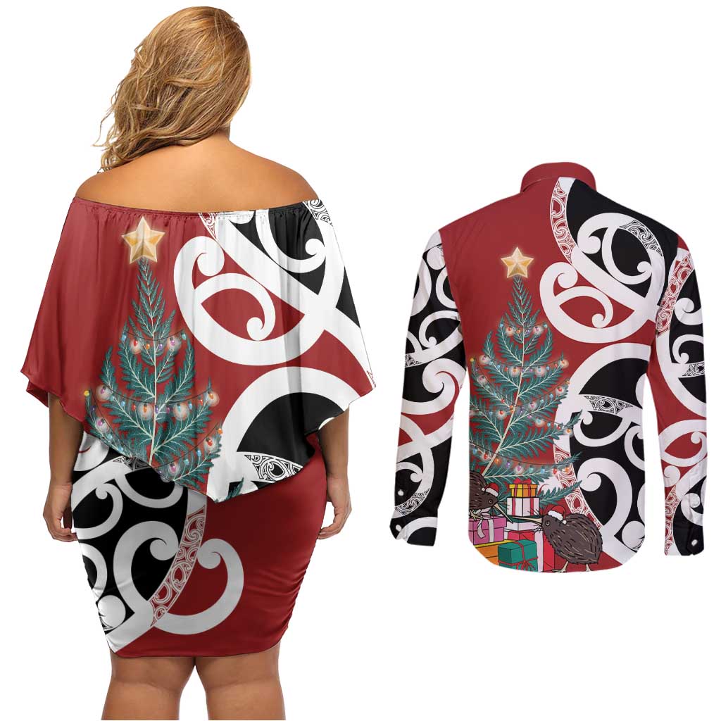 New Zealand Silver Fern Christmas Tree Couples Matching Off Shoulder Short Dress and Long Sleeve Button Shirt Meri Kirihimete - Aussie Hoodie