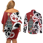New Zealand Silver Fern Christmas Tree Couples Matching Off Shoulder Short Dress and Long Sleeve Button Shirt Meri Kirihimete - Aussie Hoodie
