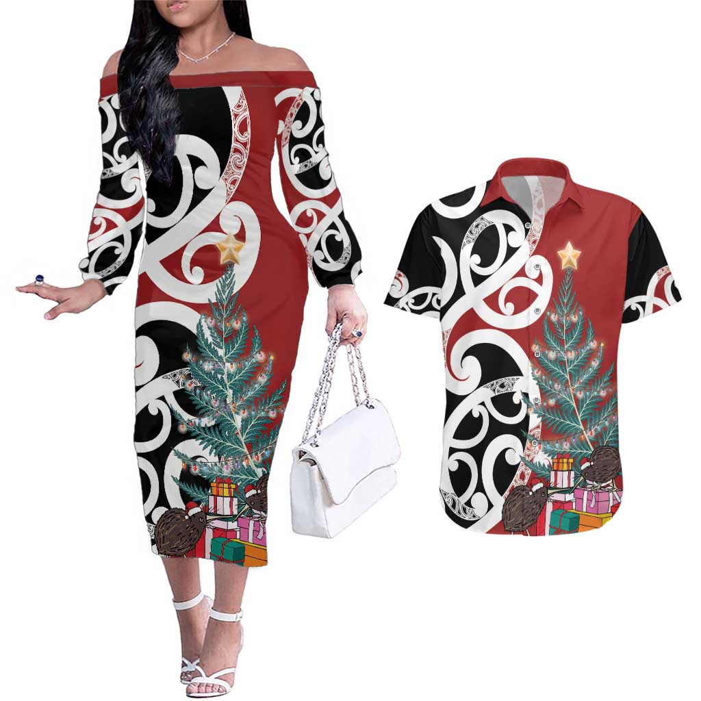 New Zealand Silver Fern Christmas Tree Couples Matching Off The Shoulder Long Sleeve Dress and Hawaiian Shirt Meri Kirihimete - Aussie Hoodie