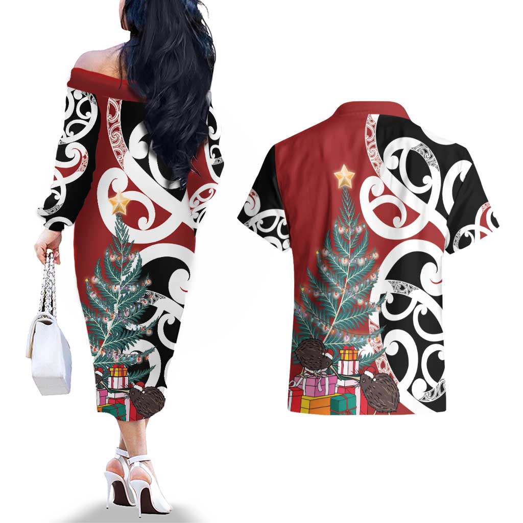 New Zealand Silver Fern Christmas Tree Couples Matching Off The Shoulder Long Sleeve Dress and Hawaiian Shirt Meri Kirihimete - Aussie Hoodie