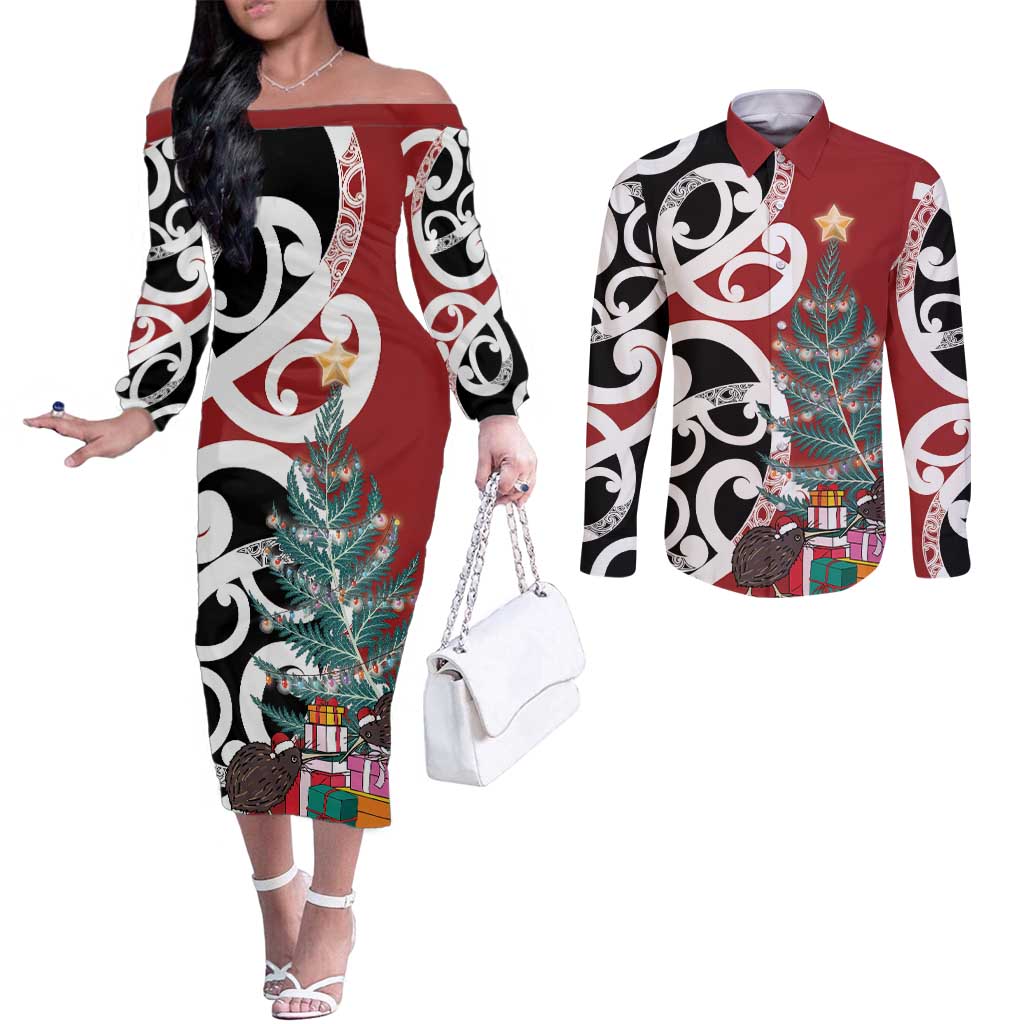 New Zealand Silver Fern Christmas Tree Couples Matching Off The Shoulder Long Sleeve Dress and Long Sleeve Button Shirt Meri Kirihimete - Aussie Hoodie