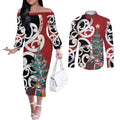 New Zealand Silver Fern Christmas Tree Couples Matching Off The Shoulder Long Sleeve Dress and Long Sleeve Button Shirt Meri Kirihimete - Aussie Hoodie