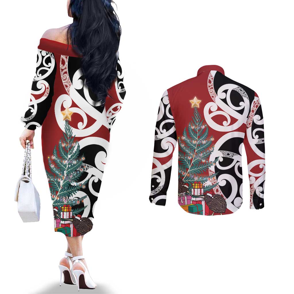 New Zealand Silver Fern Christmas Tree Couples Matching Off The Shoulder Long Sleeve Dress and Long Sleeve Button Shirt Meri Kirihimete - Aussie Hoodie
