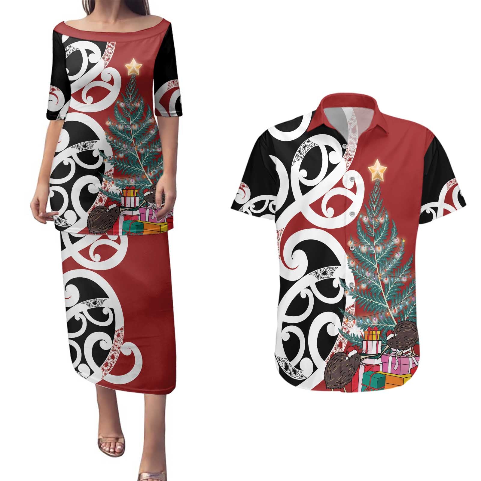 New Zealand Silver Fern Christmas Tree Couples Matching Puletasi and Hawaiian Shirt Meri Kirihimete - Aussie Hoodie