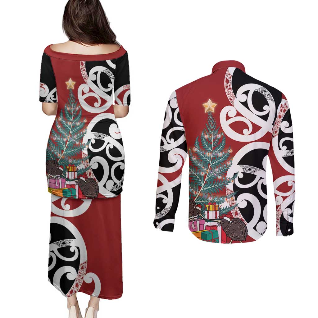 New Zealand Silver Fern Christmas Tree Couples Matching Puletasi and Long Sleeve Button Shirt Meri Kirihimete - Aussie Hoodie
