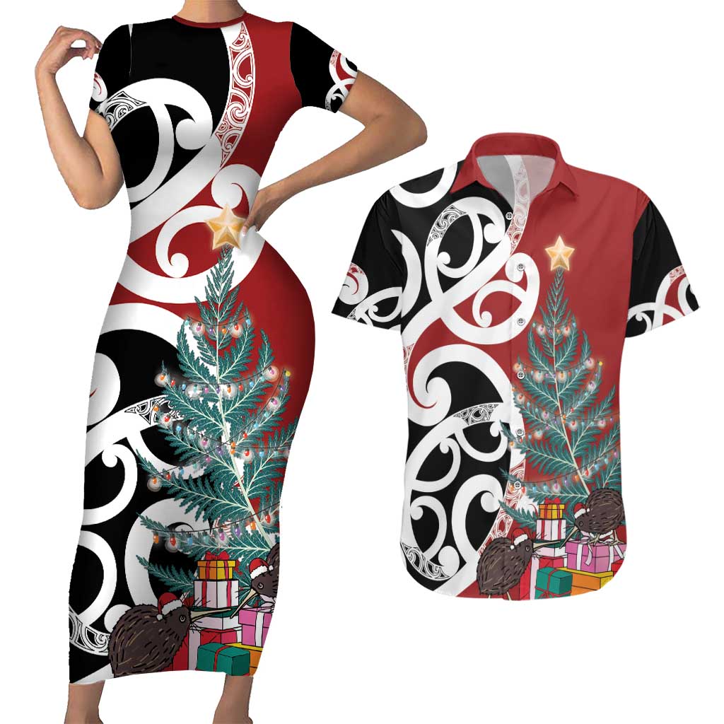 New Zealand Silver Fern Christmas Tree Couples Matching Short Sleeve Bodycon Dress and Hawaiian Shirt Meri Kirihimete - Aussie Hoodie