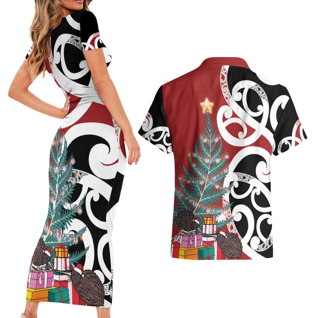 New Zealand Silver Fern Christmas Tree Couples Matching Short Sleeve Bodycon Dress and Hawaiian Shirt Meri Kirihimete - Aussie Hoodie