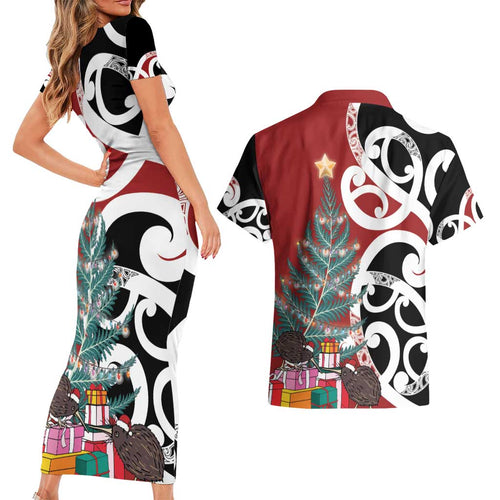 New Zealand Silver Fern Christmas Tree Couples Matching Short Sleeve Bodycon Dress and Hawaiian Shirt Meri Kirihimete - Aussie Hoodie