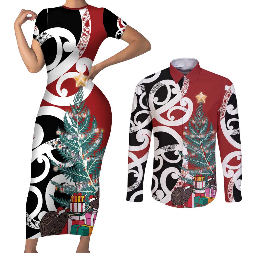 New Zealand Silver Fern Christmas Tree Couples Matching Short Sleeve Bodycon Dress and Long Sleeve Button Shirt Meri Kirihimete - Aussie Hoodie
