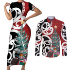 New Zealand Silver Fern Christmas Tree Couples Matching Short Sleeve Bodycon Dress and Long Sleeve Button Shirt Meri Kirihimete - Aussie Hoodie