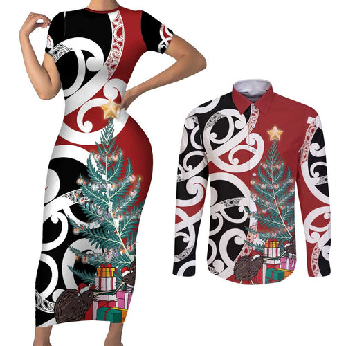 New Zealand Silver Fern Christmas Tree Couples Matching Short Sleeve Bodycon Dress and Long Sleeve Button Shirt Meri Kirihimete - Aussie Hoodie