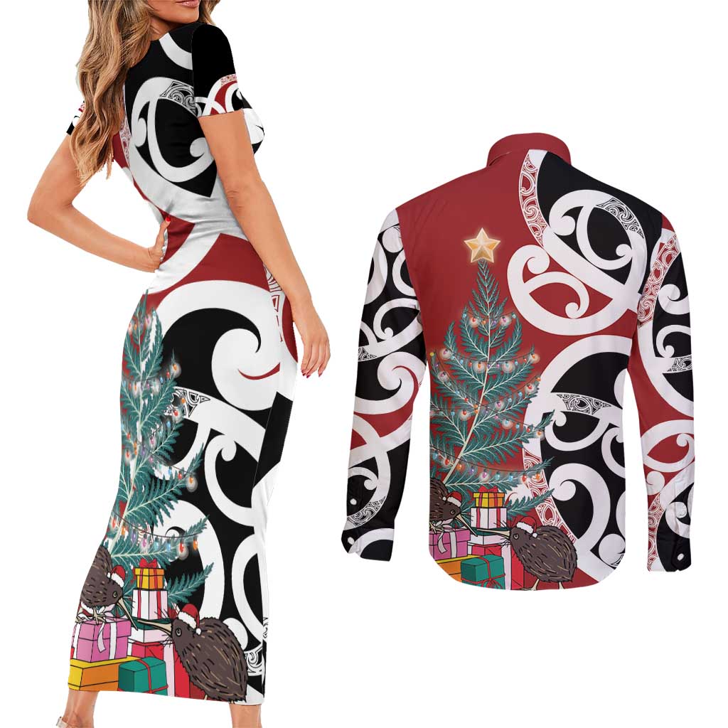 New Zealand Silver Fern Christmas Tree Couples Matching Short Sleeve Bodycon Dress and Long Sleeve Button Shirt Meri Kirihimete - Aussie Hoodie