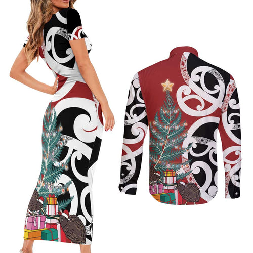 New Zealand Silver Fern Christmas Tree Couples Matching Short Sleeve Bodycon Dress and Long Sleeve Button Shirt Meri Kirihimete - Aussie Hoodie