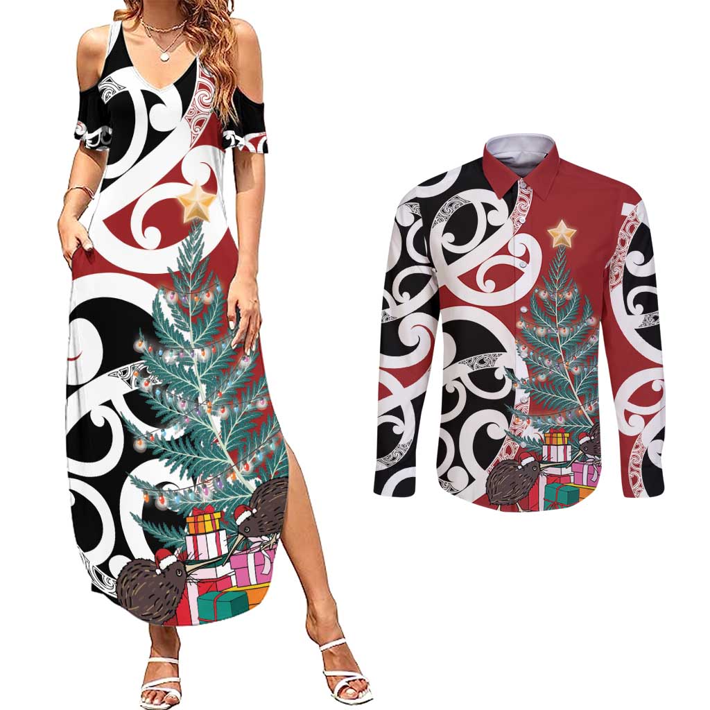 New Zealand Silver Fern Christmas Tree Couples Matching Summer Maxi Dress and Long Sleeve Button Shirt Meri Kirihimete - Aussie Hoodie