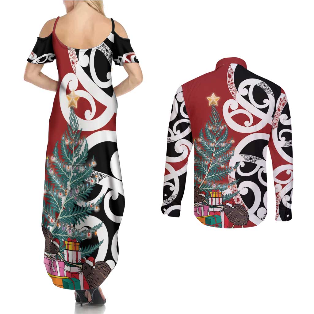 New Zealand Silver Fern Christmas Tree Couples Matching Summer Maxi Dress and Long Sleeve Button Shirt Meri Kirihimete - Aussie Hoodie