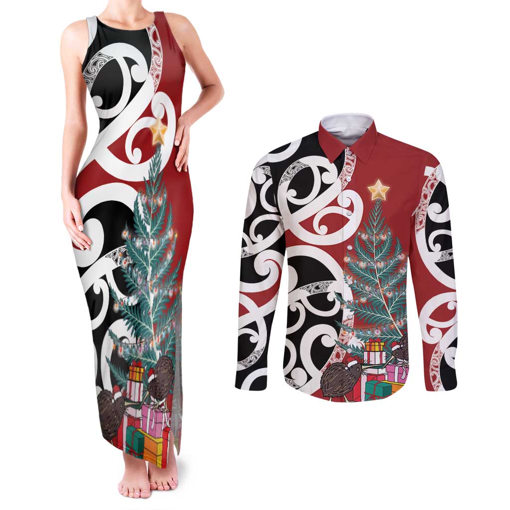 New Zealand Silver Fern Christmas Tree Couples Matching Tank Maxi Dress and Long Sleeve Button Shirt Meri Kirihimete - Aussie Hoodie