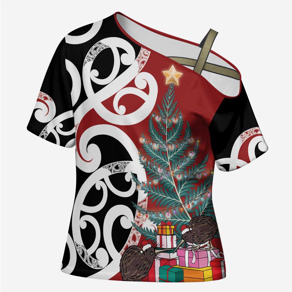 New Zealand Silver Fern Christmas Tree Cross Shoulder Shirt Meri Kirihimete - Aussie Hoodie
