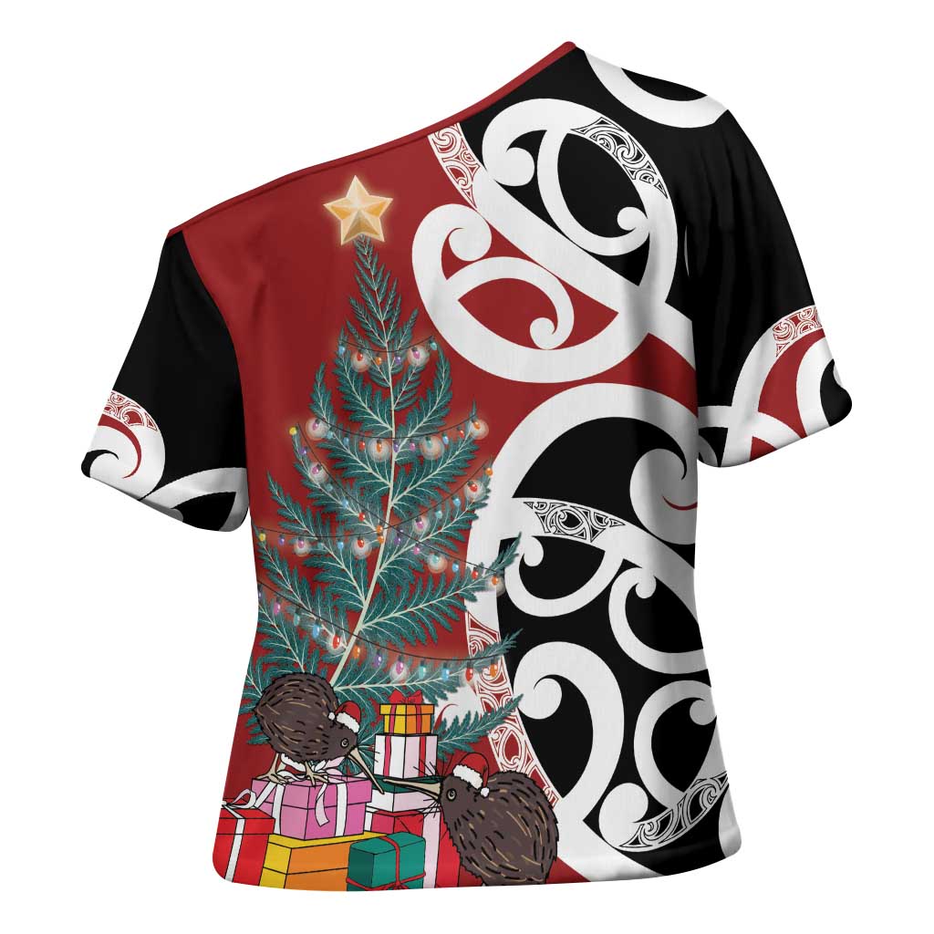 New Zealand Silver Fern Christmas Tree Cross Shoulder Shirt Meri Kirihimete - Aussie Hoodie