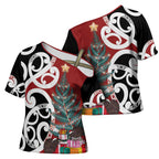 New Zealand Silver Fern Christmas Tree Cross Shoulder Shirt Meri Kirihimete - Aussie Hoodie