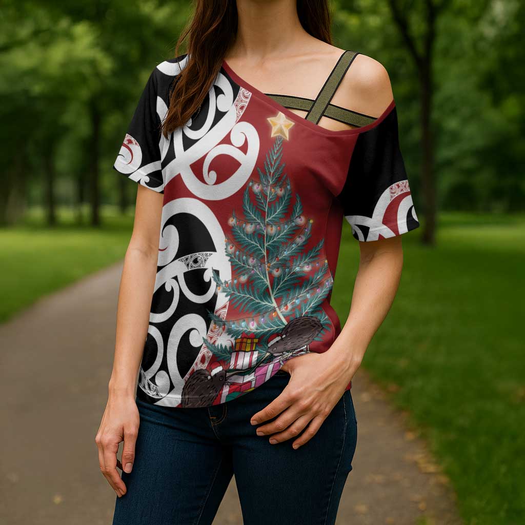 New Zealand Silver Fern Christmas Tree Cross Shoulder Shirt Meri Kirihimete - Aussie Hoodie