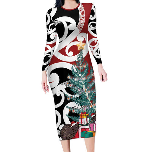 New Zealand Silver Fern Christmas Tree Family Matching Long Sleeve Bodycon Dress and Hawaiian Shirt Meri Kirihimete - Aussie Hoodie