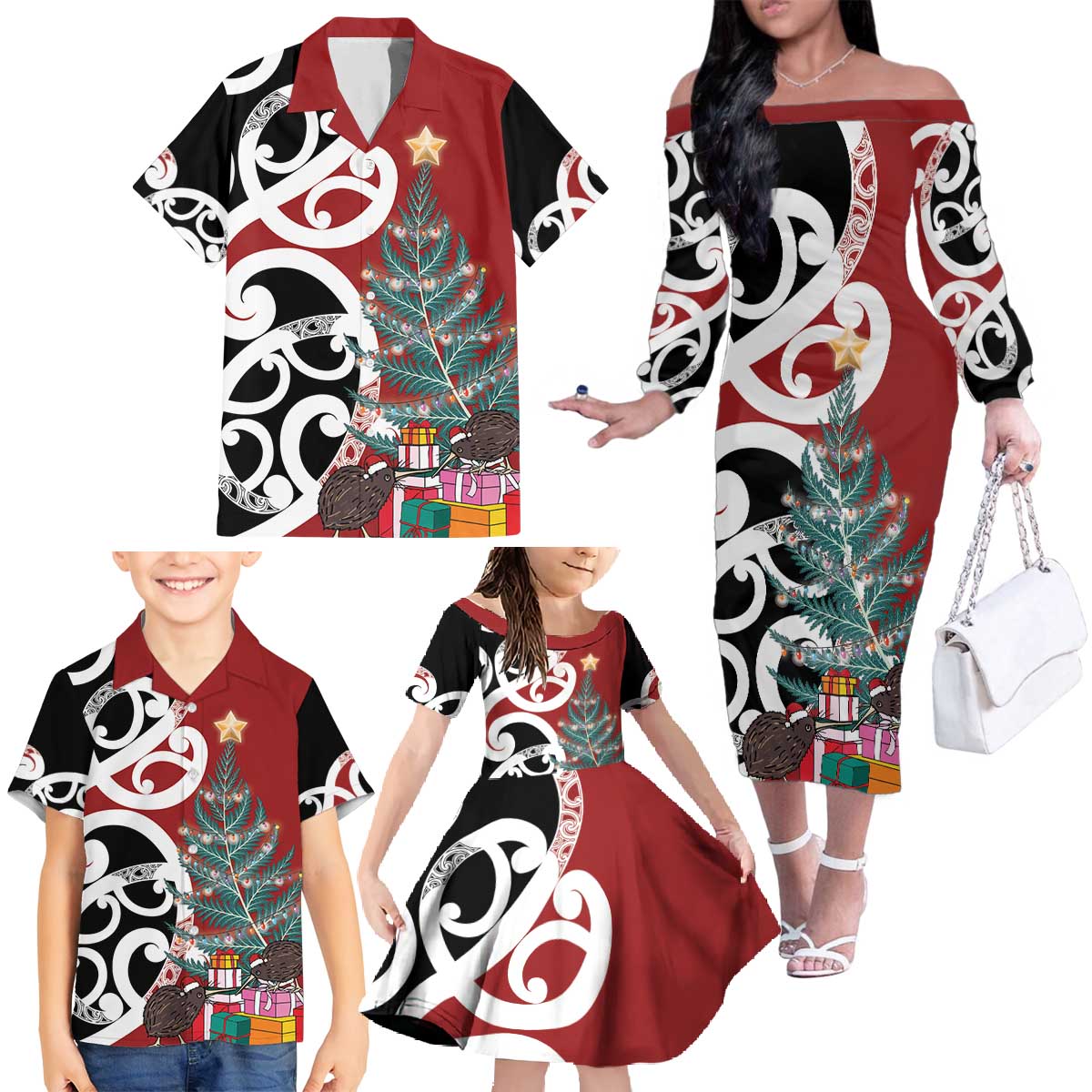 New Zealand Silver Fern Christmas Tree Family Matching Off The Shoulder Long Sleeve Dress and Hawaiian Shirt Meri Kirihimete - Aussie Hoodie