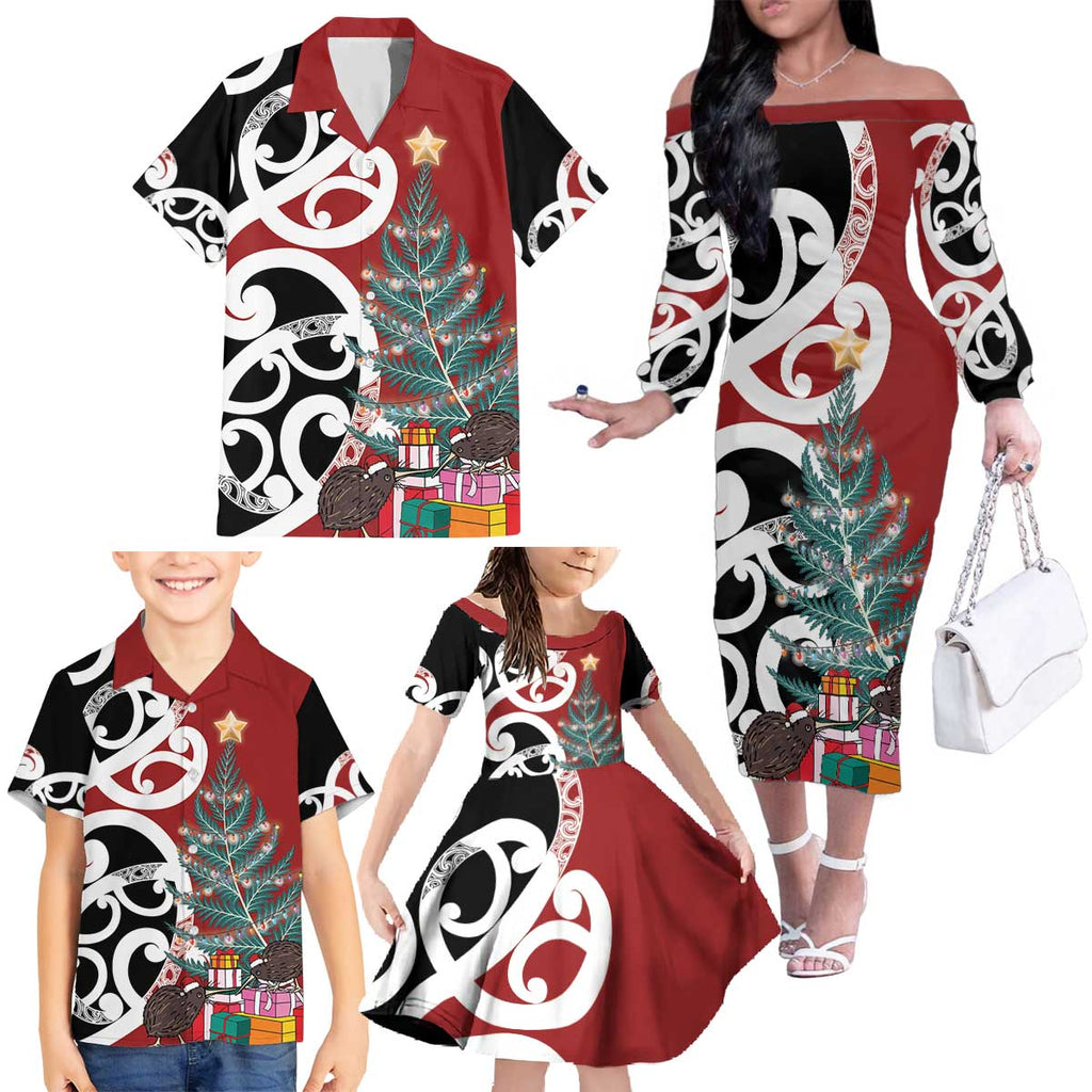 New Zealand Silver Fern Christmas Tree Family Matching Off The Shoulder Long Sleeve Dress and Hawaiian Shirt Meri Kirihimete - Aussie Hoodie