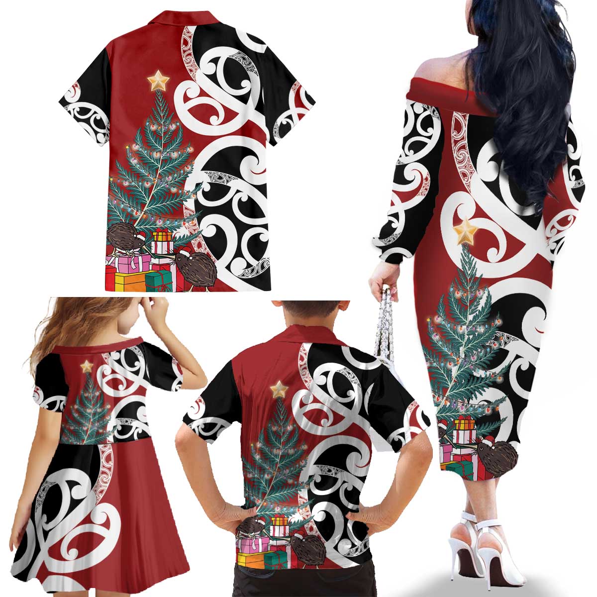 New Zealand Silver Fern Christmas Tree Family Matching Off The Shoulder Long Sleeve Dress and Hawaiian Shirt Meri Kirihimete - Aussie Hoodie