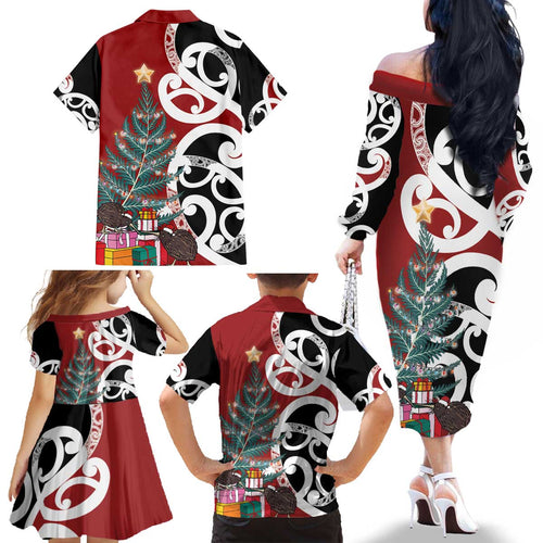 New Zealand Silver Fern Christmas Tree Family Matching Off The Shoulder Long Sleeve Dress and Hawaiian Shirt Meri Kirihimete - Aussie Hoodie