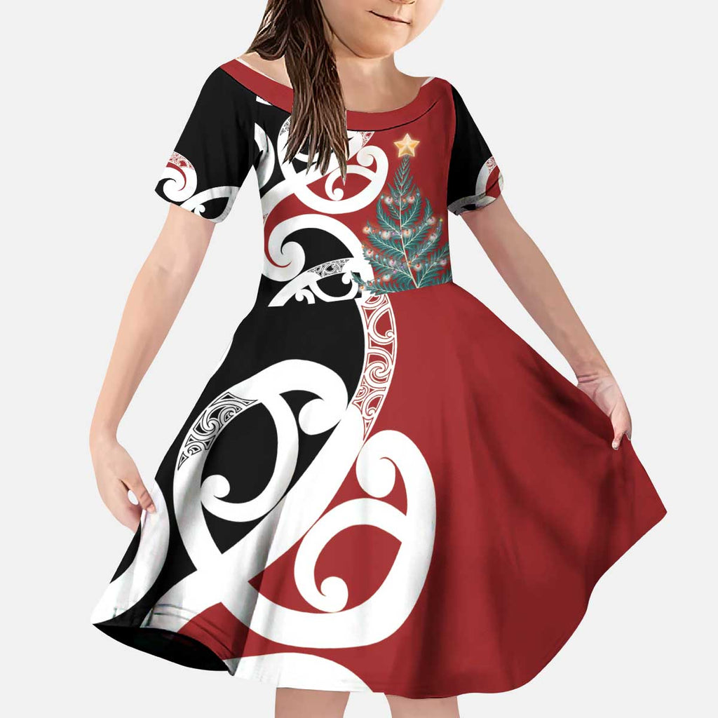 New Zealand Silver Fern Christmas Tree Kid Short Sleeve Dress Meri Kirihimete - Aussie Hoodie